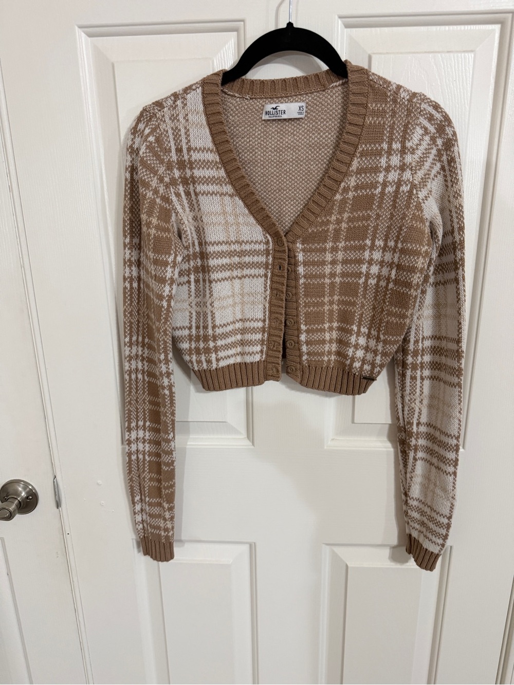 Hollister XS Brown Cream Plaid Cropped V Neck Button Cardigan Preppy